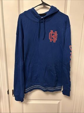 Hollister Men's Blue Hooded Sweatshirt with Script Sleeve Size Large